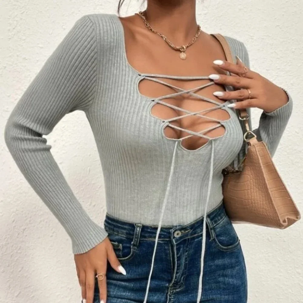 gray Lace Up Detailed Casual Long Sleeve Ribbed Shirt - Picture 4 of 6